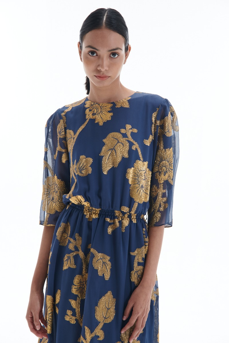 [2022FW] Gold Floral Silk Chiffon Dress